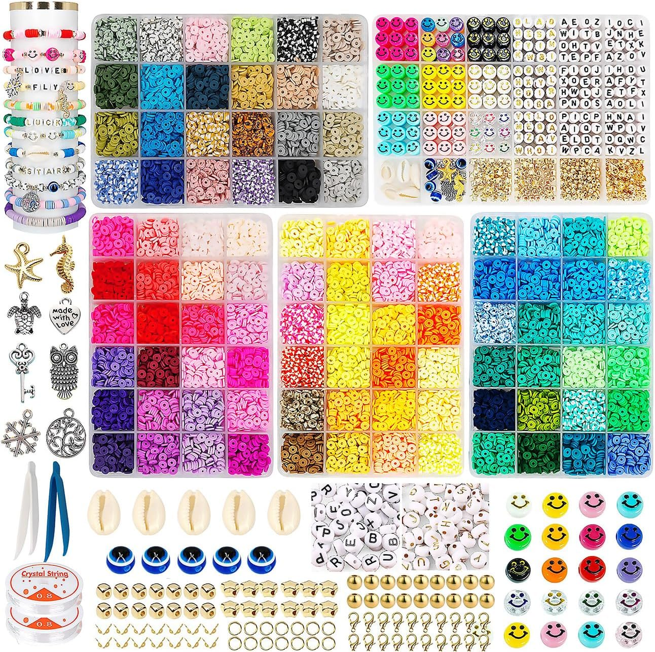 14400Pcs 96 Colors Clay Beads for DIY Bracelets Making Kit with 5 Boxes Heishi Beads Flat Round Pony Beads