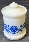 Hazel Atlas Milk Glass Jar with Lid Blue Floral Spice Mustard Jar VTG MCM