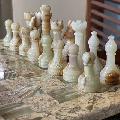 Handmade Green Onyx and Fossil Coral Chess Pieces: ideal for 12-15'' Board game