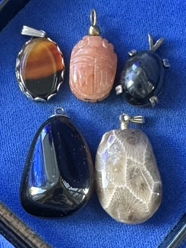 Vintage Lot of Costume Jewelry Gemstone Pendants Scarab Petoskey Stone