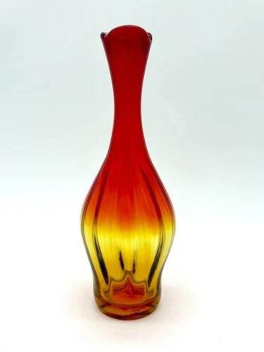 Vintage Blenko Glass 64d Tangerine Amberina Optic Bud Vase MCM