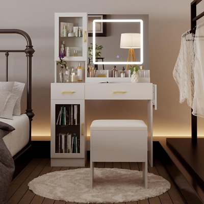 Modern Vanity with Mirror and Lights, Makeup Table with with 2