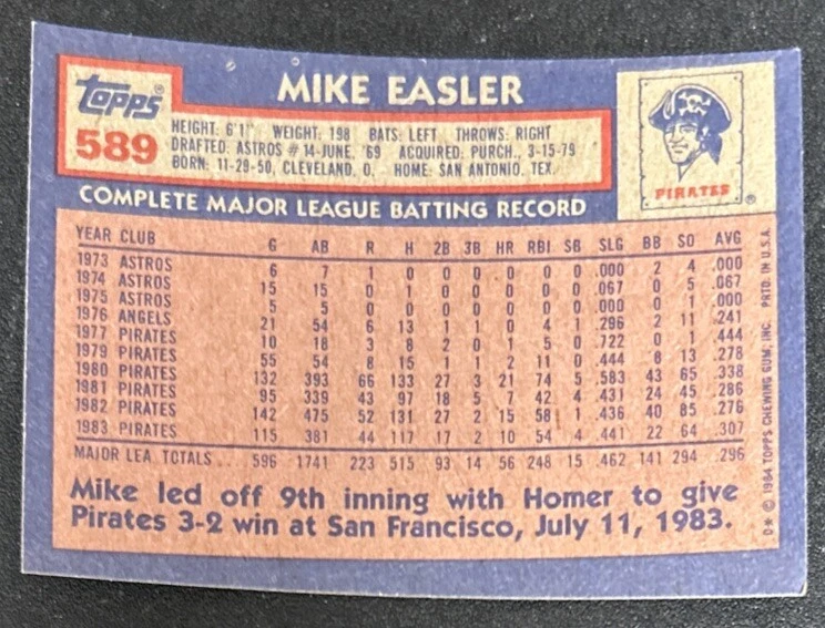 1984 Topps Mike Easler Baseball Card #589 Pirates OF VG O/C - Image 2 of 2