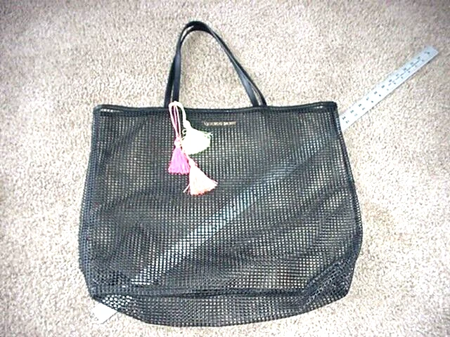 NEW Victoria Secret BIG Black Mesh BEACH TOTE BAG NEON TASSELS 15
