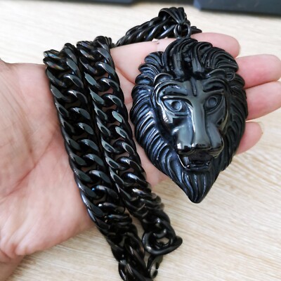 Black Plated Chain Heavy Black Men's Lion Pendant Necklace