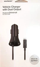 Verizon Micro USB Vehicle Charger with Dual Output + LED Light - 9-ft. Cable