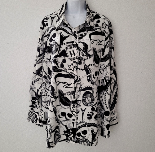 Karl Lagerfeld Paris Abstract Logo Print Long Sleeve Button-Front Blouse Size 1X