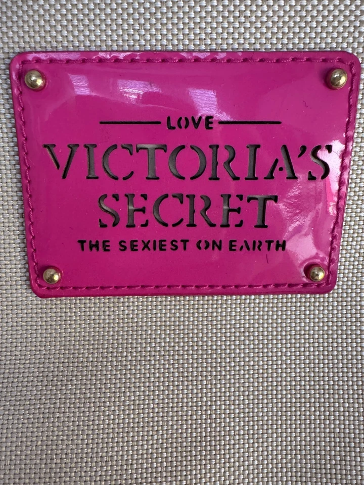 Victoria's Secret Bag Tote Purse Red Love Ed. Cream Canvas Pink Patent Leather - Image 3 of 4
