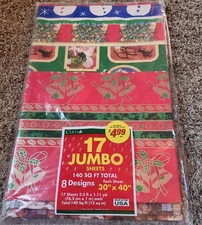 Vintage CLEO Christmas Jumbo Gift Wrap 17 Sheets 8 Designs 140 Sq. Ft.