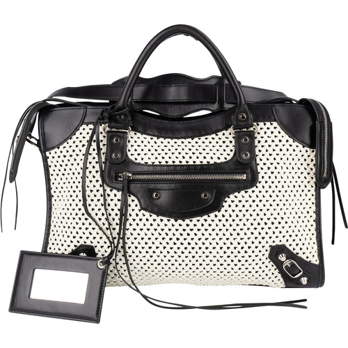 Balenciaga Black and White Raffia and Leather City Handbag Bag