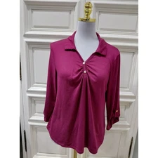 Naif Womens maroon top with gold buttons, 3/4 sleeve roll up petite medium