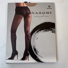 Natori Marilyn Sheer Tights Nude Black Size M Floral Patterned Legs