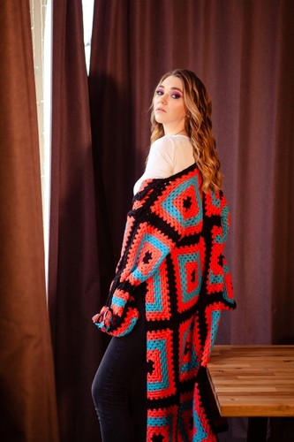 Handmade Granny Sqaure Afghan Coat,Pink Long Crochet Sweater(Made In India) - Picture 6 of 7