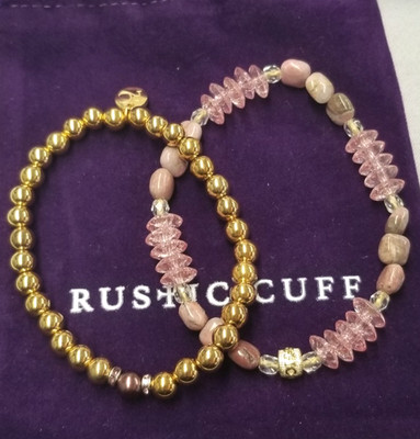 Rustic Cuff  Pink Bead & Gold-Tone Beaded Bracelet 7.5''