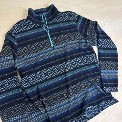 Eddie Bauer Womens Quarter Zip Fitted Waist Aztec Print Stripe Fleece Navy Large