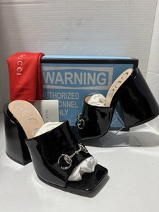 Sandales à talons hauts Gucci US 9 EU 39 Horsebit cuir verni noir boîte à glissières neuves