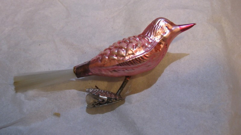 Vintage Christmas Pink Glass Clip On Bird Ornament Scrap Tail