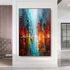 original city Handpainted Knife Oil Painting On Canvas red blue Home Decoration