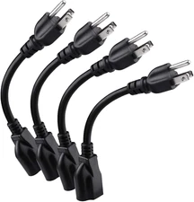 Short Power Extension Cord Outlet Saver, 16AWG/13A, 3 Prong (4 Pack, Black, 8 In