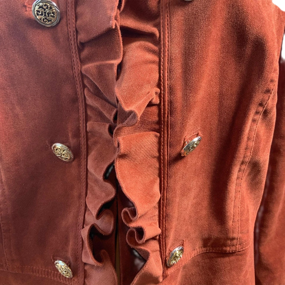 Dressbarn Maroon Ruffled Decorative Buttons Double-Breasted Military Jacket 1X - Image 3 of 4