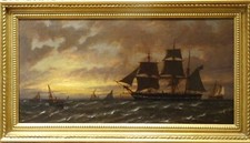 Large 19th Century English Ships At Sunset RICHARD HENRY NIBBS (1816-1893)