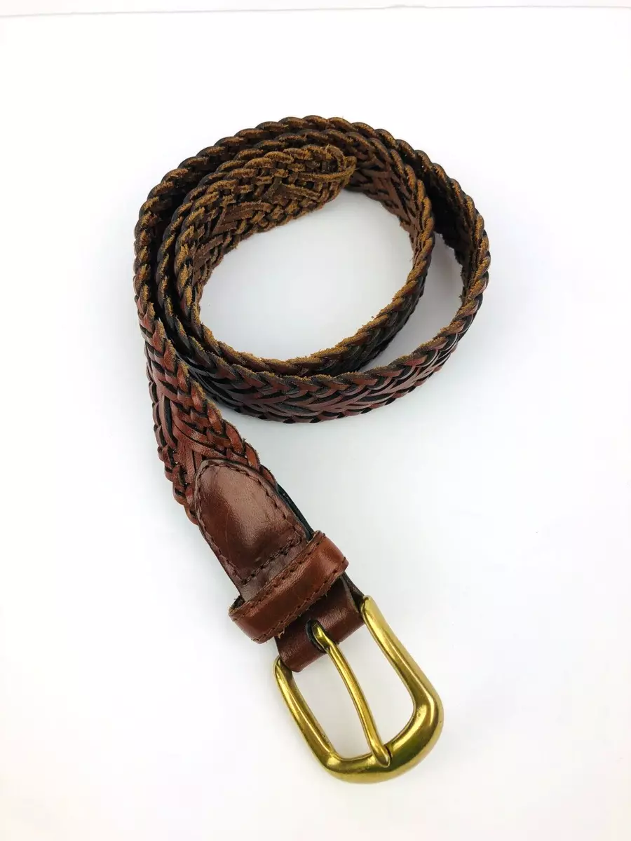 Fossil Brown Braided Leather Belt BT 1002 Womens M Solid Brass Buckle 35