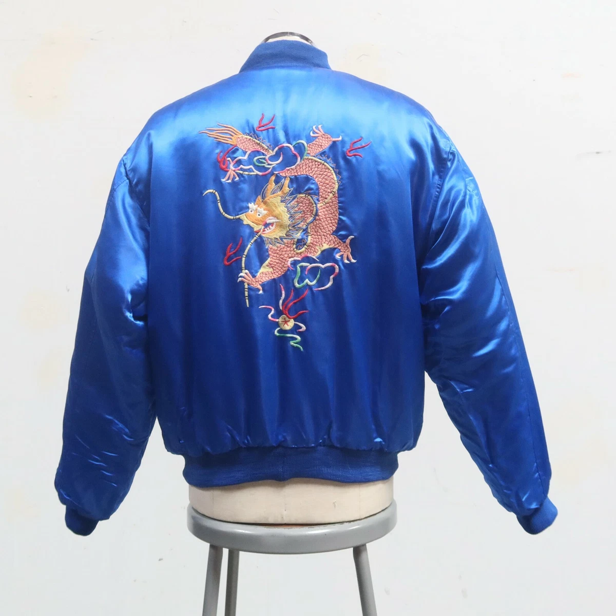 Vintage New 80s Satin Dragon Souvenir Jacket Mens Size M Blue Esme
