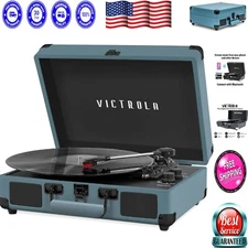 Smoky Blue Vinyl Suitcase Turntable – Retro Design with Modern Audio Features