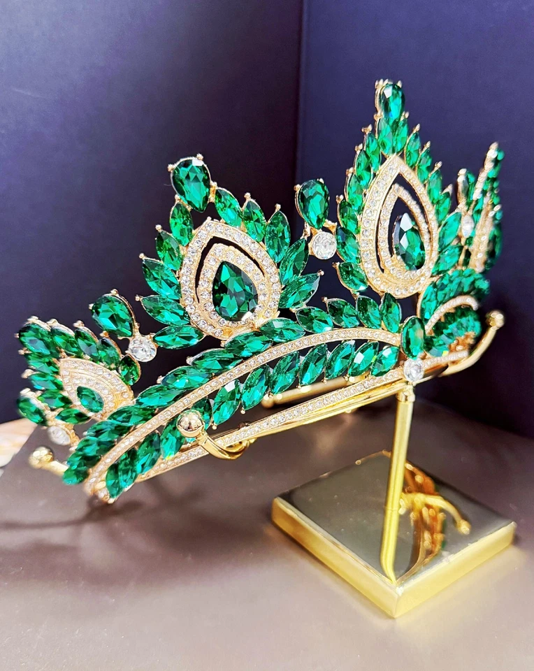 Корона Quinceanera, корона с зелеными стразами, корона большого размера, золотая хрустальная корона - Изображение 4 из 4