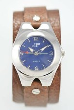 JF Mens Watch Blue Stainless Silver Brown Leather Water Resistant Battery Quartz