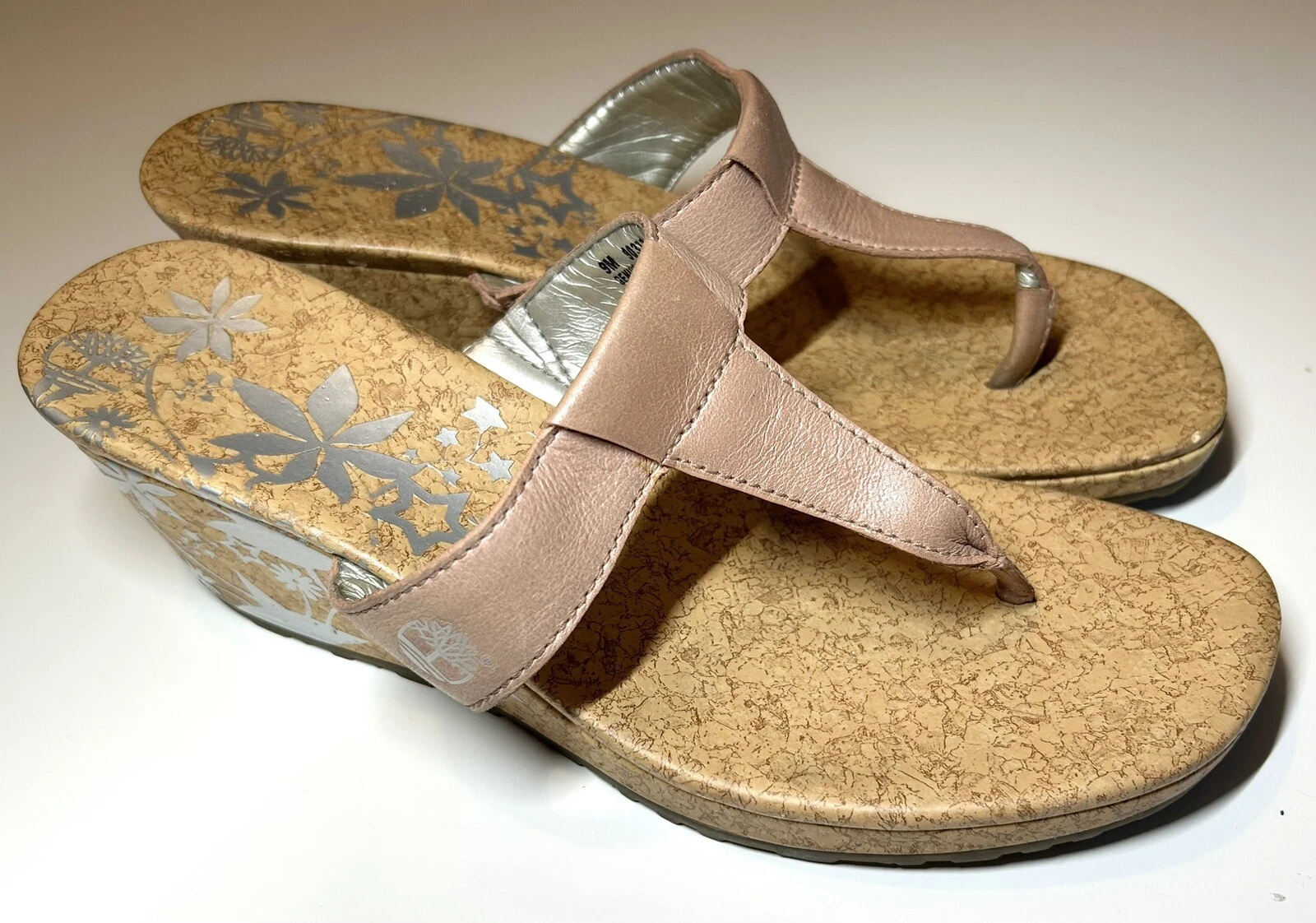 TIMBERLAND Sandalo infradito con zeppa in sughero TAGLIA 9 pelle marrone tanga floreale