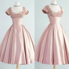 Vintage 1950s Pink Short Cocktail Prom Dresses Tea Length Silk Satin Prom Gowns