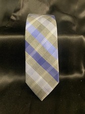 Calvin Klein Men's Neck Tie Blue/Grey Plaid Silk Blend Mint