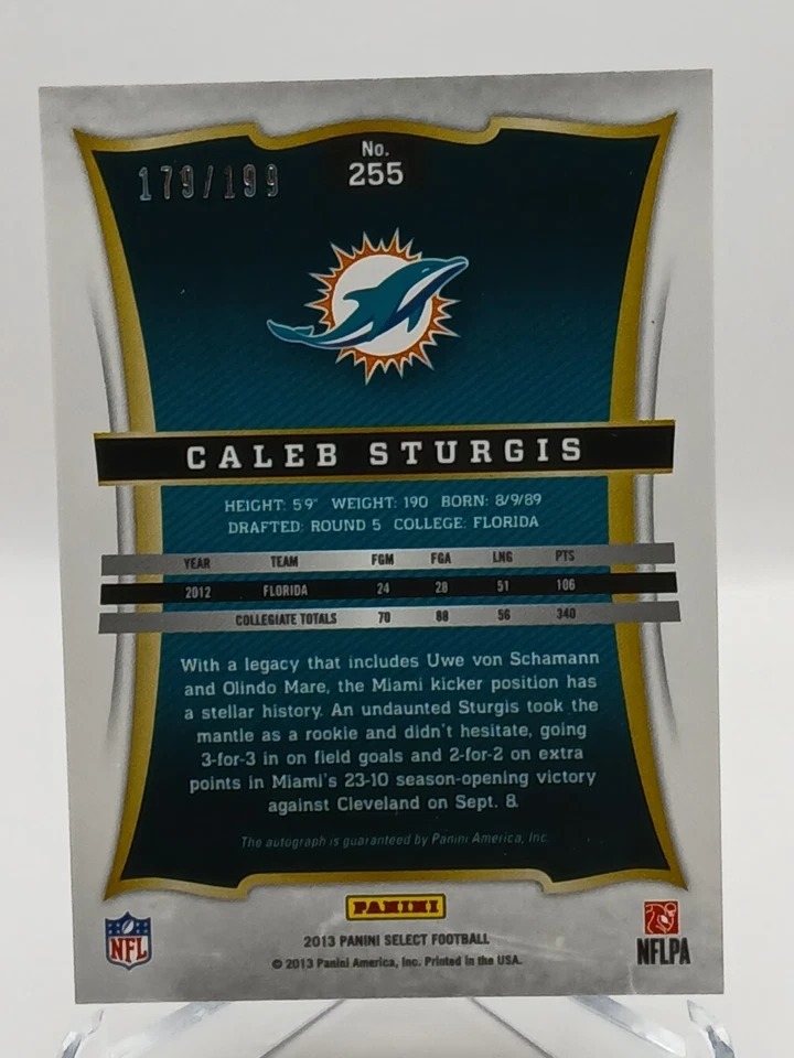 2013 Panini Select #255 Caleb Sturgis Rookie Auto /199 Dolphins - Image 2 of 3