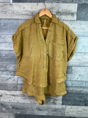 Free People All Aboard Strampler Playsuit Gr. XS Oversize Khaki Waffel Shorts