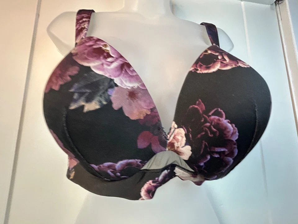 Cacique Black Pink Floral Print Smooth Boost Plunge Bra Padded Underwire Sz 38DD - Image 2 of 4