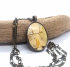 White Natural Amber Pendant Oval Amulet Brass Frame Chain Handmade Mosaic