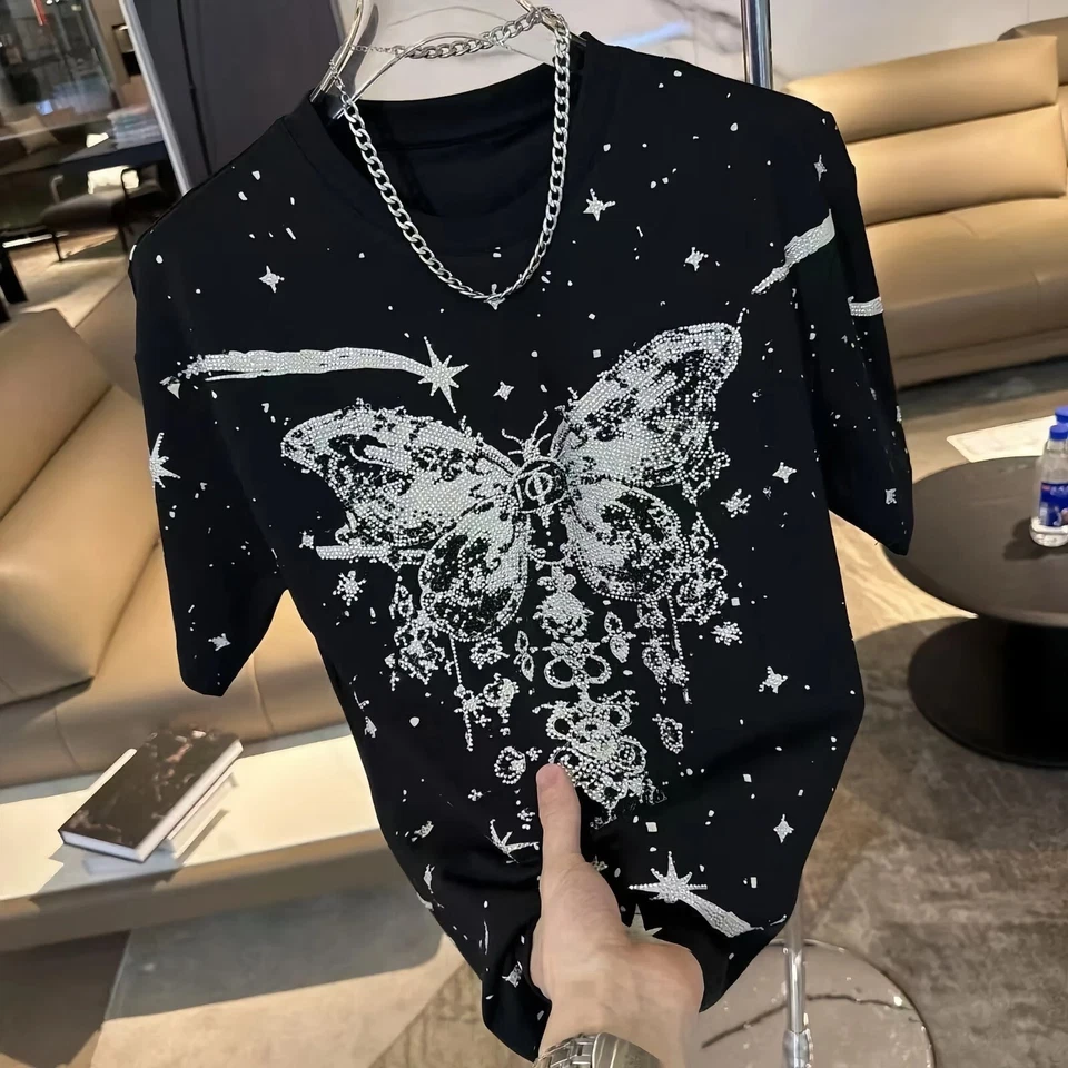 Nueva Camiseta de Lujo para Hombres Diamante Mariposa Estrás Moda Alta Calidad - Imagen 2 de 4