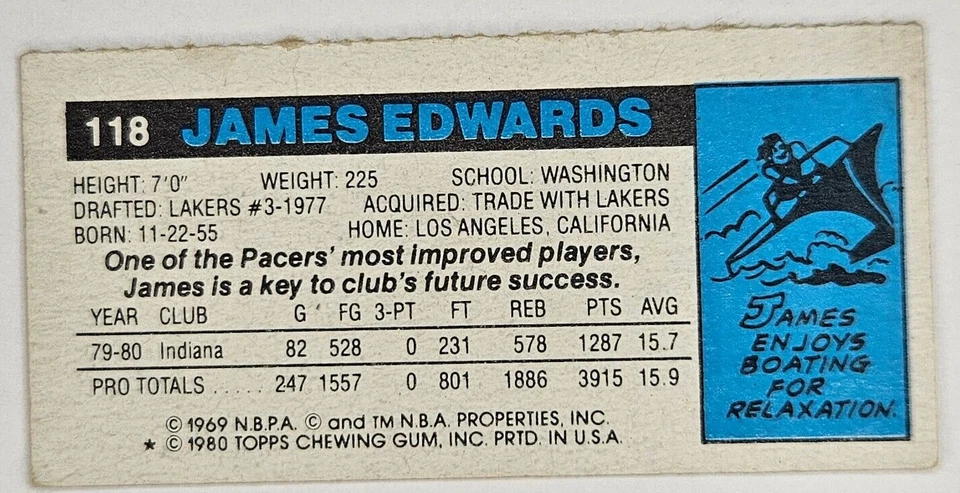 1980-81 Topps Separated Single Panel #118 JAMES EDWARDS Pacers - Image 2 of 2