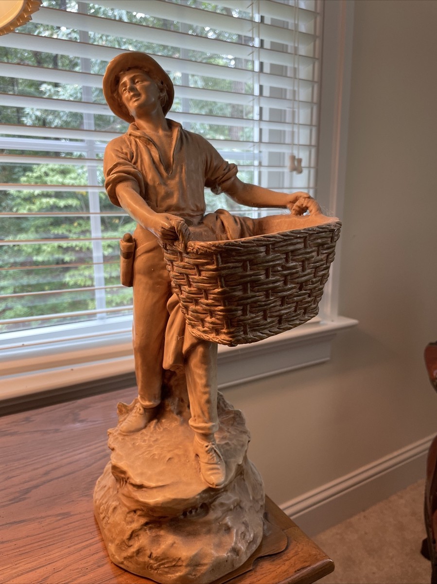 Vintage Marwal Ind Inc Chalkware Man With Basket Statue Chalk