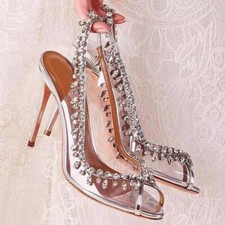 Womens Slingbacks Peep Toe Rhinestone PVC Stiletto High Heel Slip On Sandals Hot