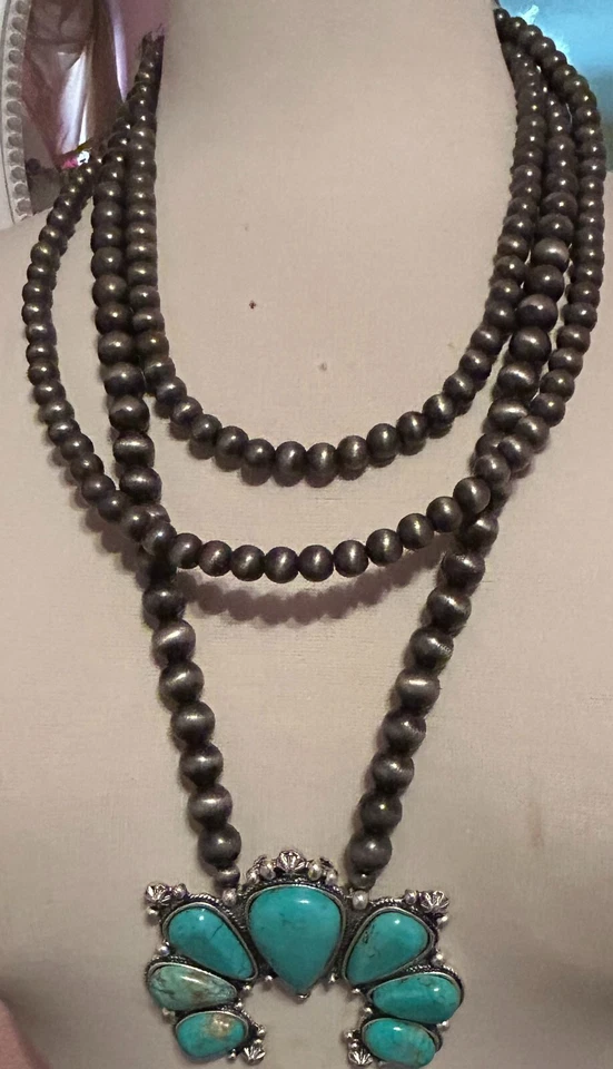 NUEVO precioso collar flor calabaza turquesa 4 hebras perlas peltre  Foto 3 de 3