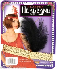 GOLD SEQUIN FLAPPER HEADBAND w/ BLACK PLUME ADULT HALLOWEEN COSTUME ACCESSORY