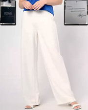 NWT DENNIS BASSO SUMMER WHITE WIDE LEG LUXE CREPE PULL ON PANTS TROUSERS L A 