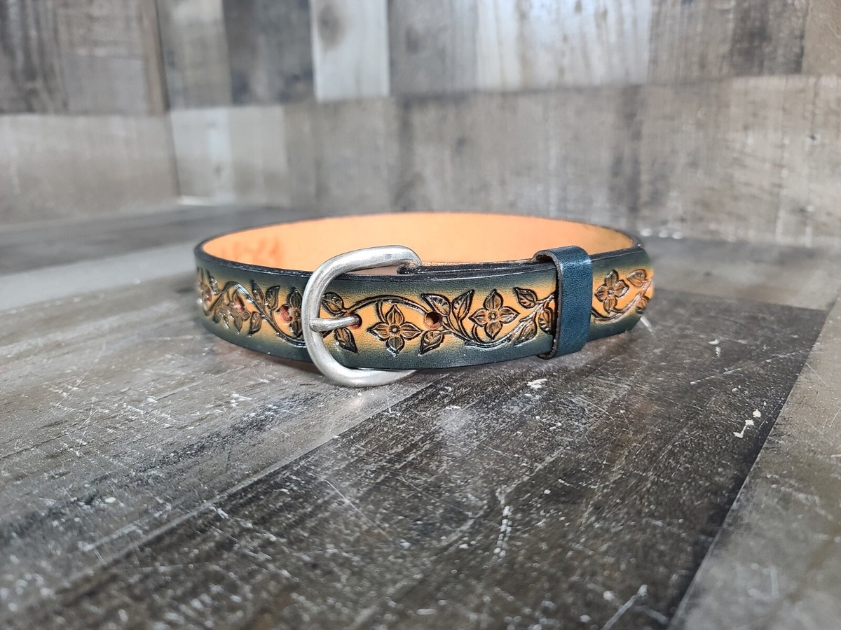 Green Flowers Brown Leather Belt Hand Tooled Size 22 display picture 2