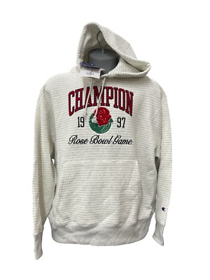 Men's Champion Reverse Weave Hoodie 1997 Rose Bowl Game Stripe Silver Grey  XL