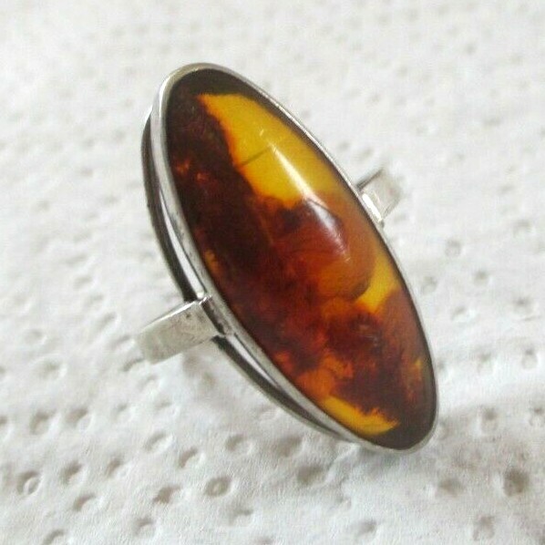Bague Vintage Argent Massif 925 Avec Ambre Véritable - Taille 57 - Occasion Parfaite