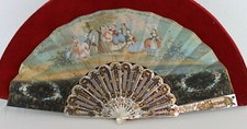SUPERB ANTIQUE FRENCH CARVED MOTHER OF PEARL HAND PAINTED PAPER SCENE FAN