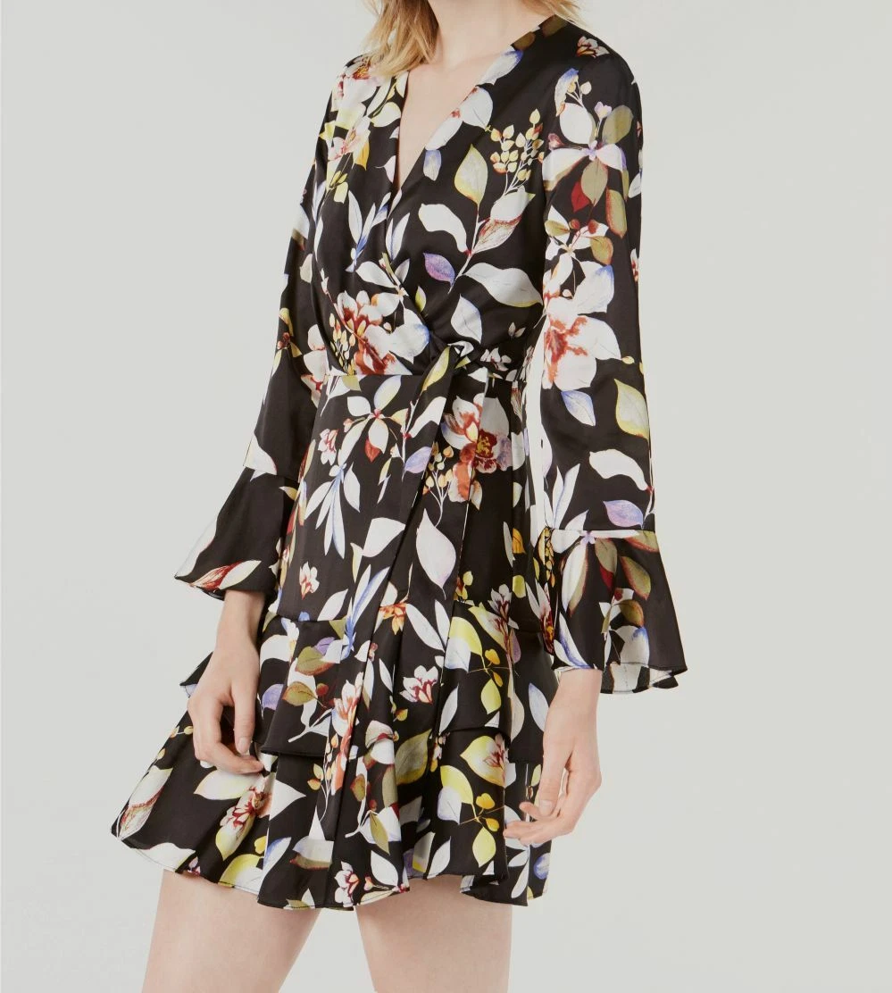 $80 Bar III Women's Black Floral V-Neck Long-Sleeve Tie-Waist Dress Size XL  | eBay