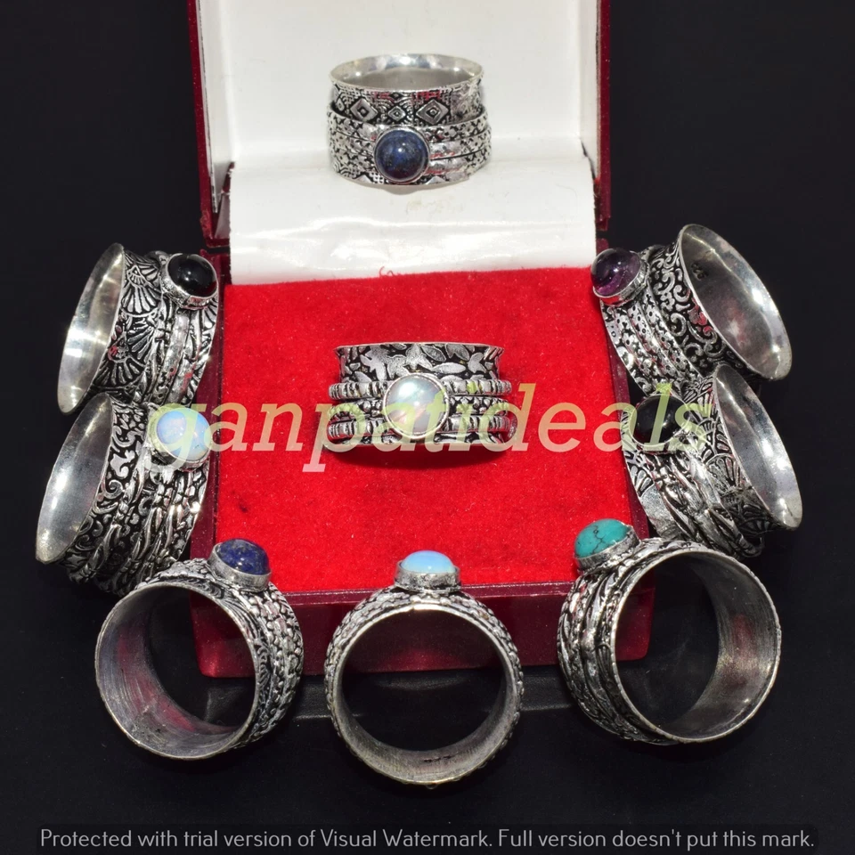 Lote de 5 anéis giratórios folheados a prata 925 turquesa e várias pedras preciosas - Imagem 2 de 4